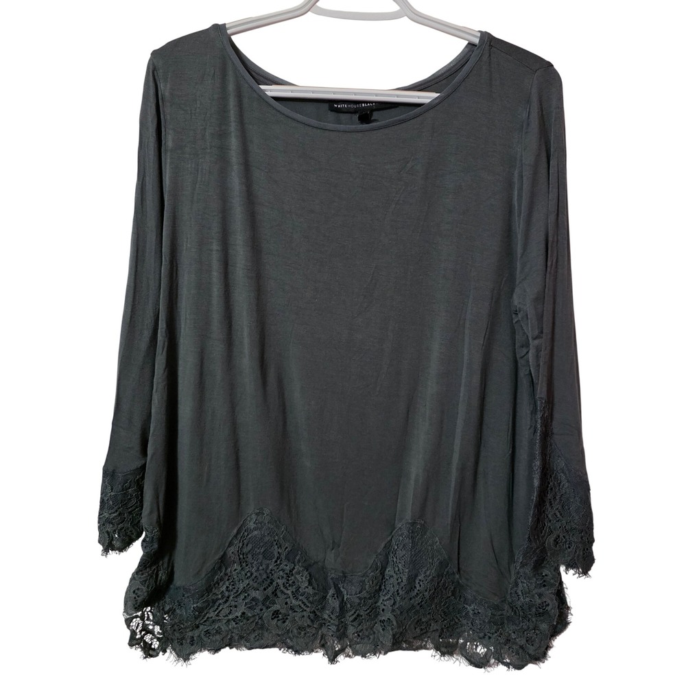 White House Black Market Gray Lace Trim Long Sleeve Top Scoop Neck Large